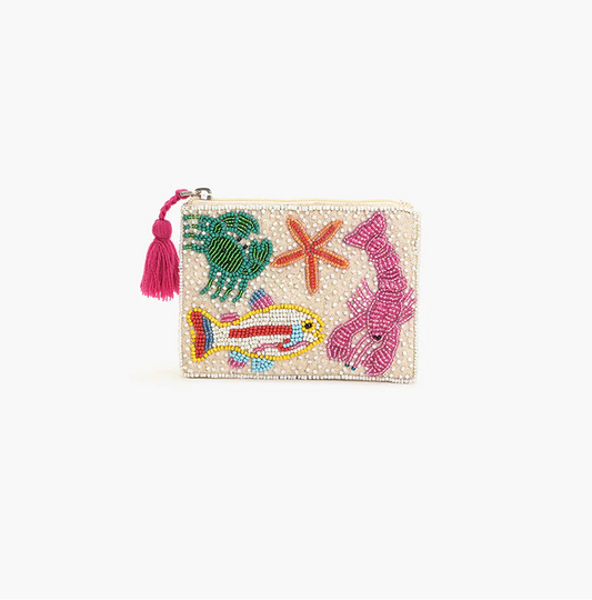 Beaded pouch with colorful designs on a white background