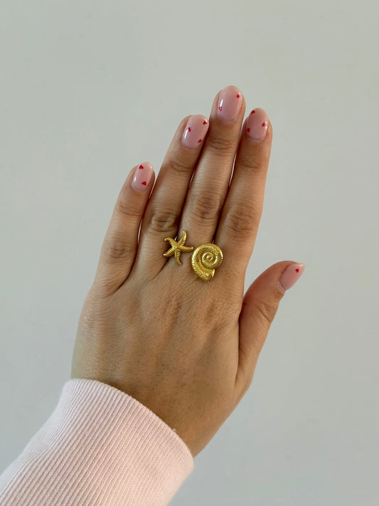 Gold Nautilus & Starfish Ring