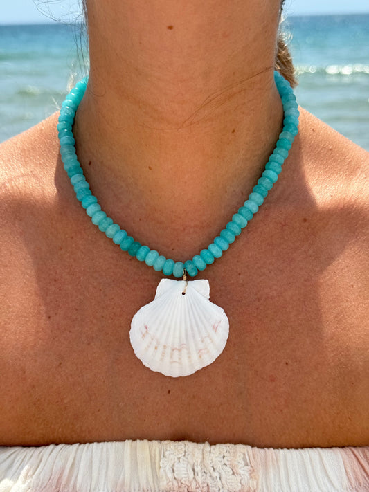 Aqua Beaded Scallop Shell Necklace