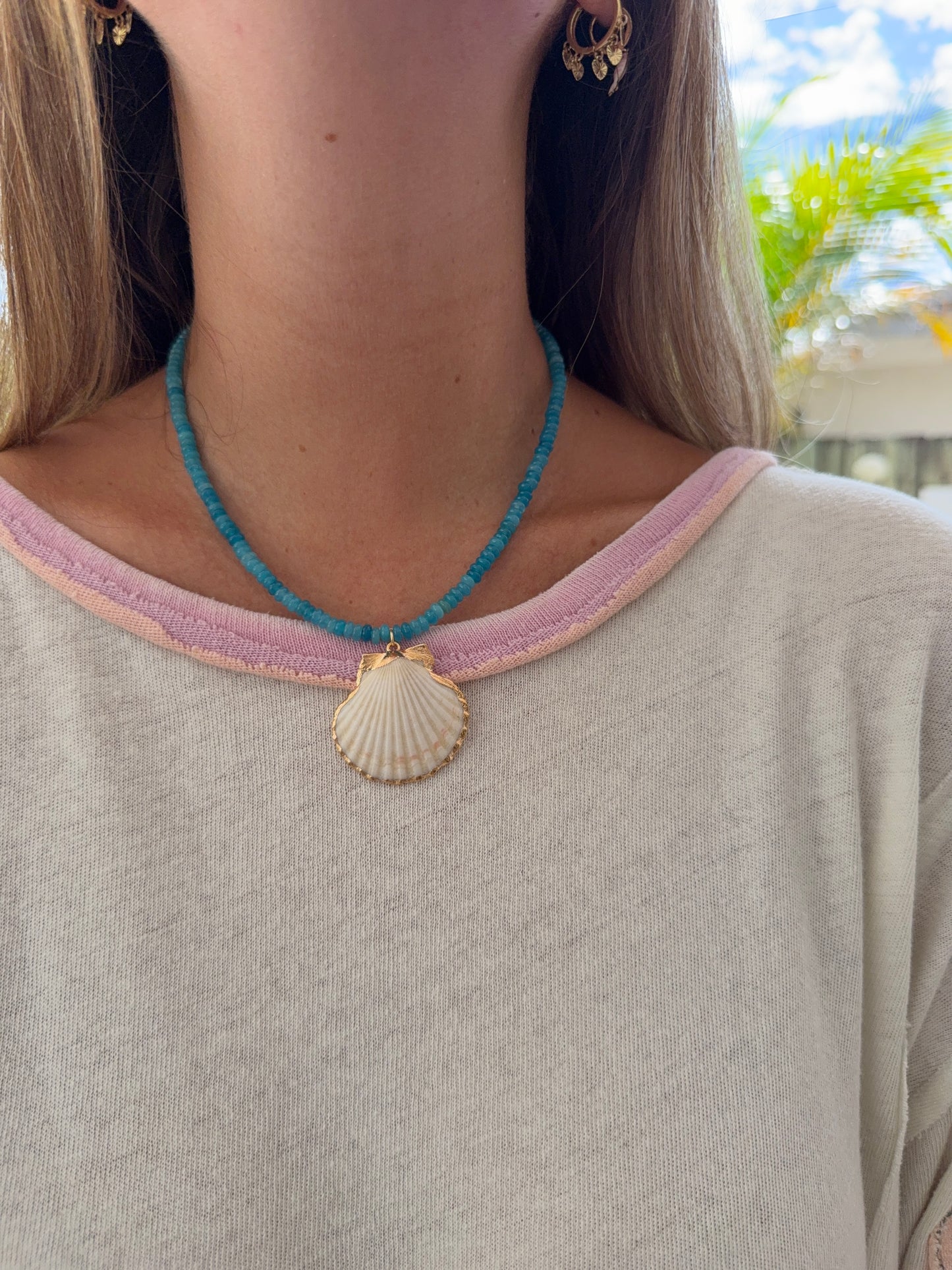 Aqua Chalcedony Beaded Scallop Shell Necklace