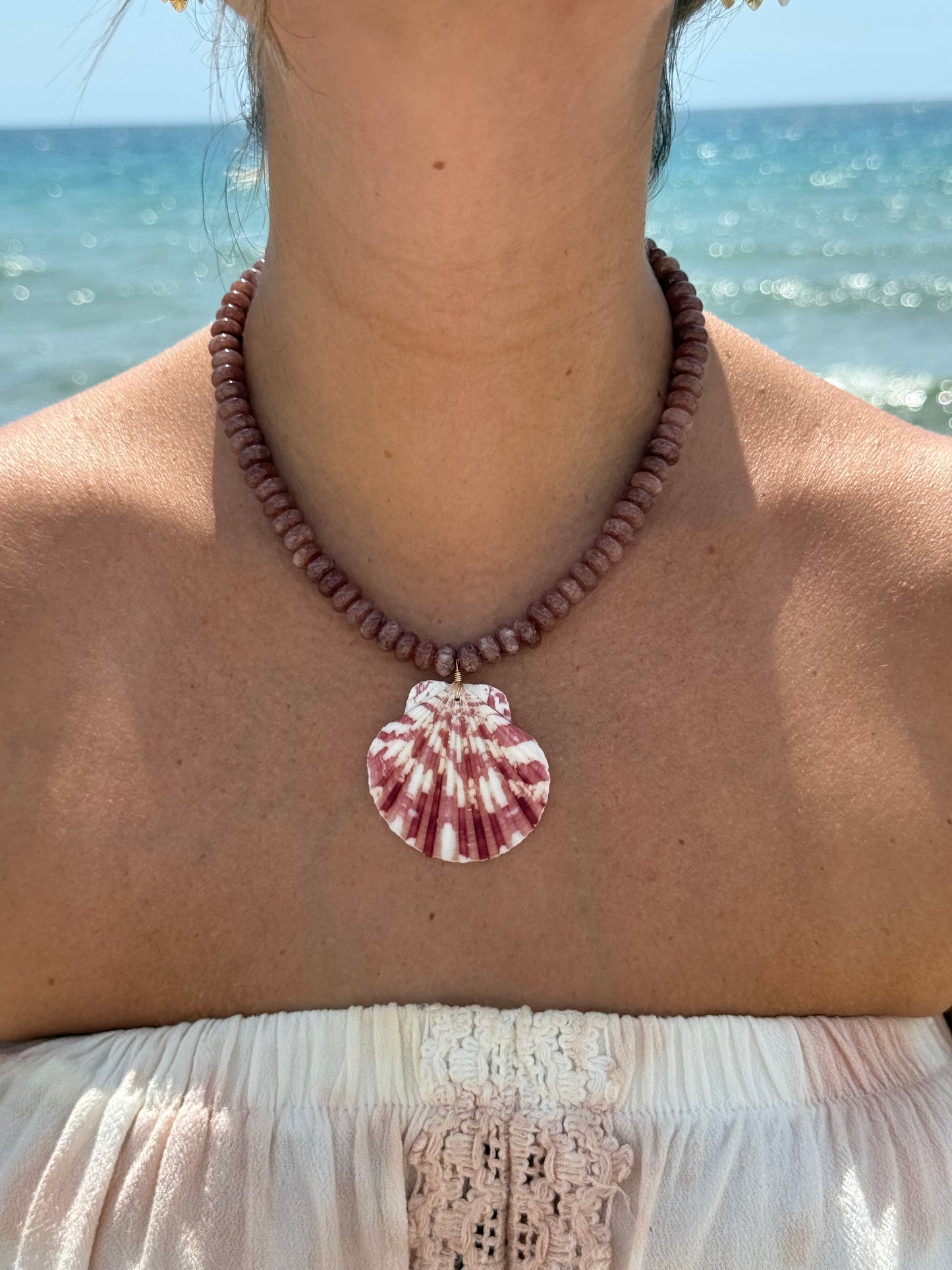 Brown Beaded Scallop Shell Necklace