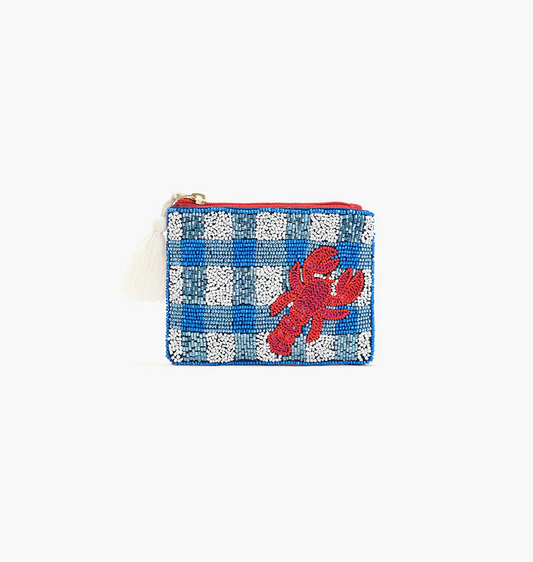 Small pouch with blue checkered pattern and red lobster design on a white background