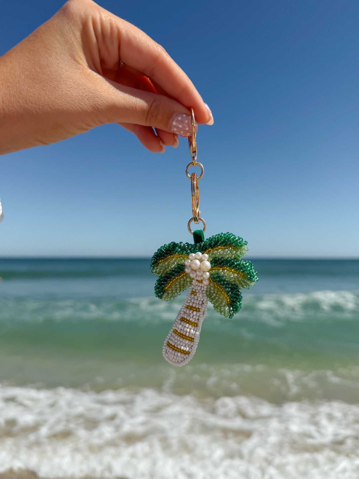 Beaded Palm Tree Bag Charm Key Chain