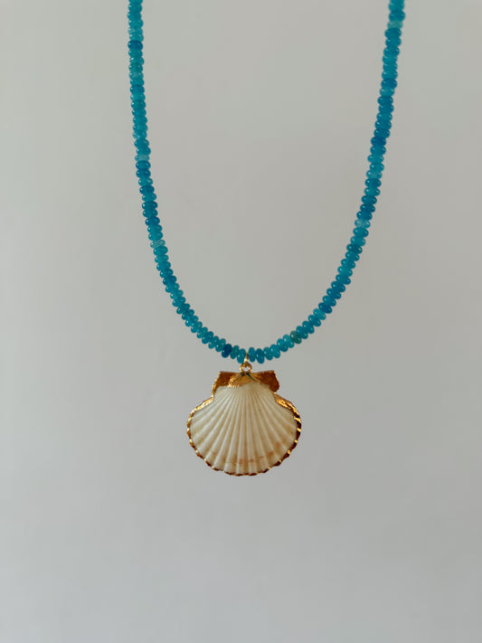 Aqua Chalcedony Beaded Scallop Shell Necklace