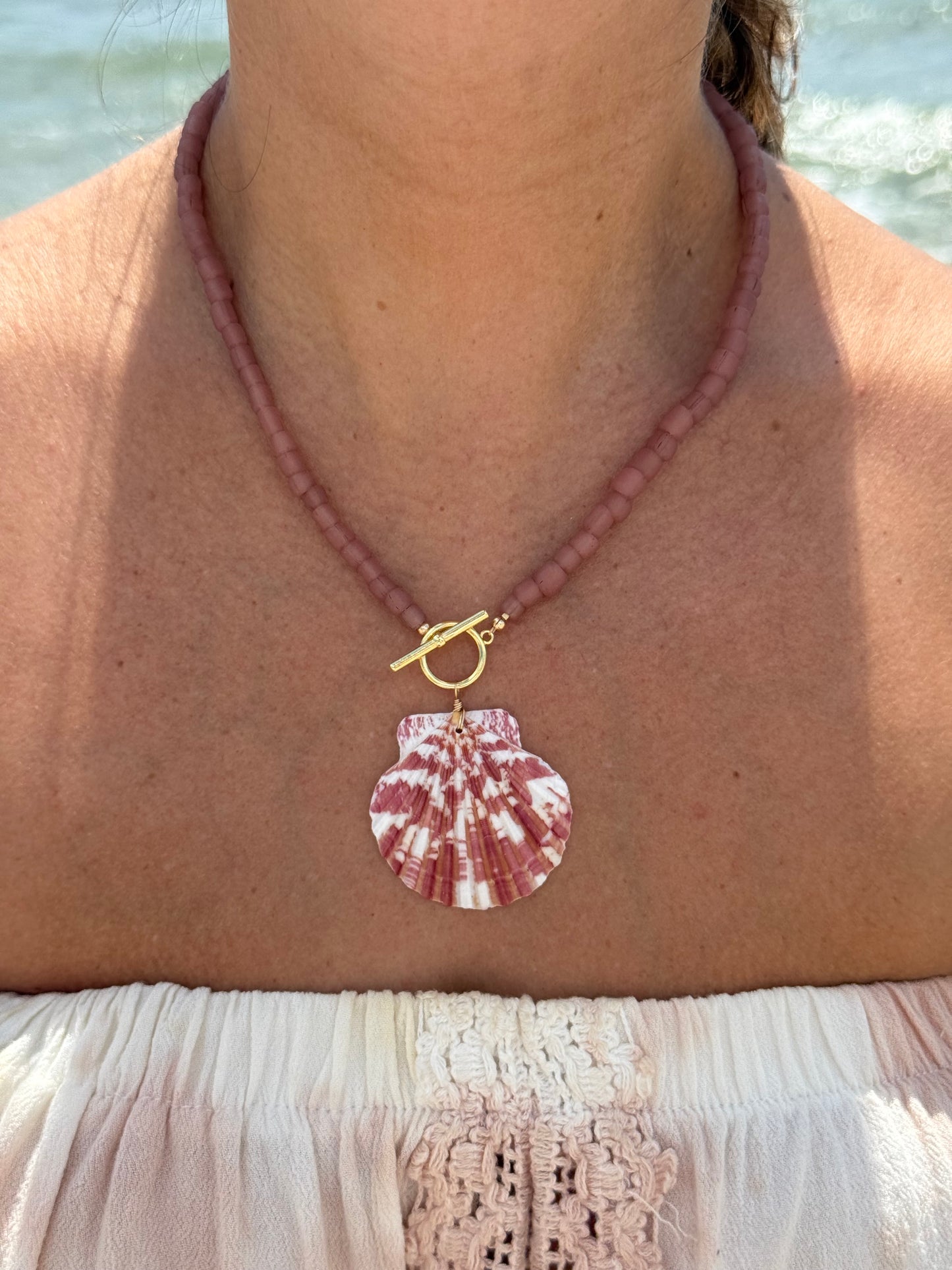 Matte Mauve Beaded Scallop Shell Necklace