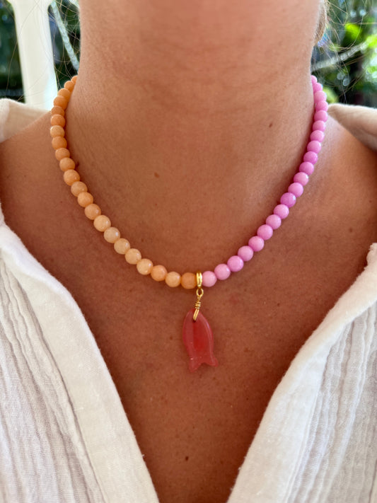 Pink & Orange Beaded Fish Necklace