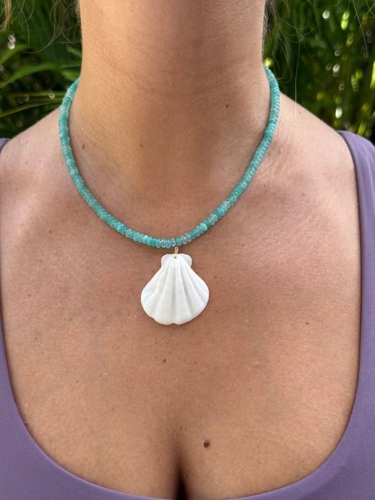 Blue Chalcedony Beaded Scallop Shell Necklace
