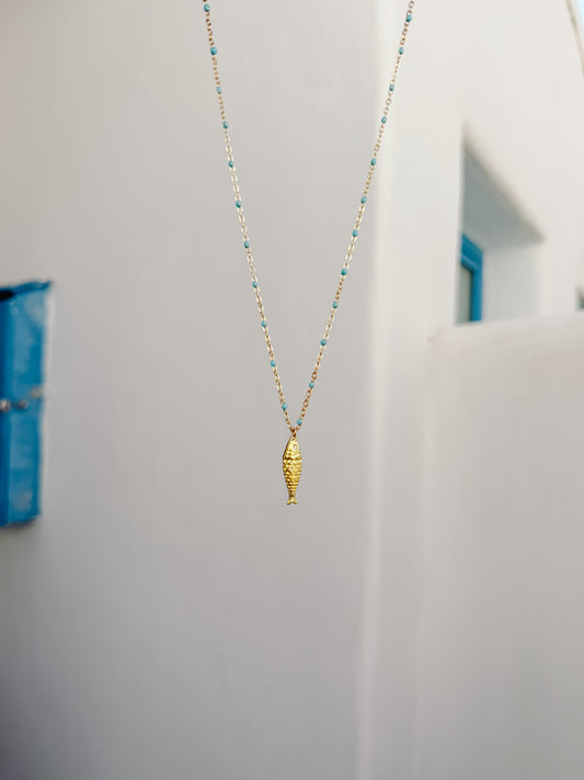 Gold & Blue Satellite Fish Necklace