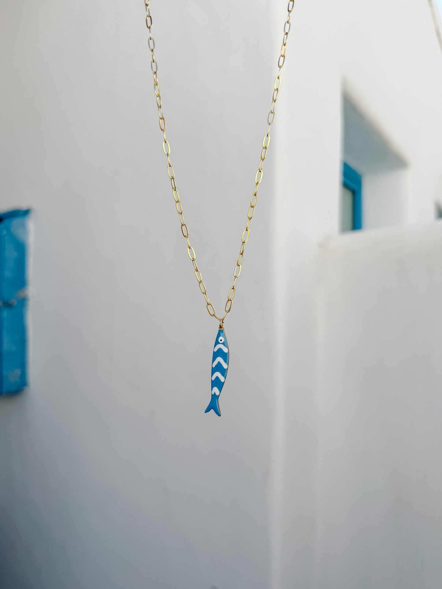 Gold & Blue Fish Necklace