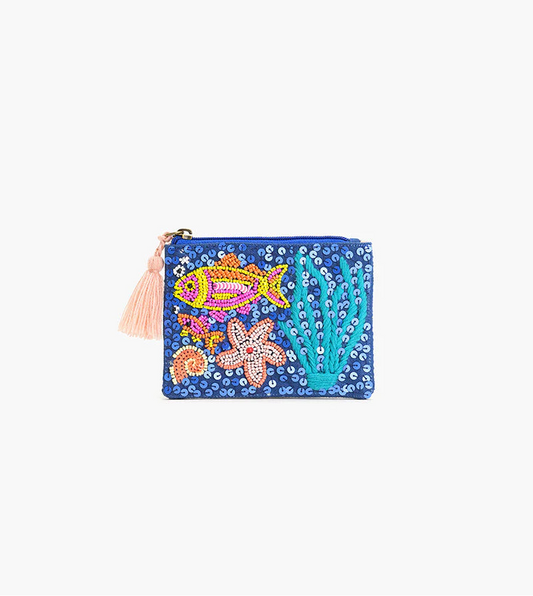 Colorful pouch with fish and shell design on a white background