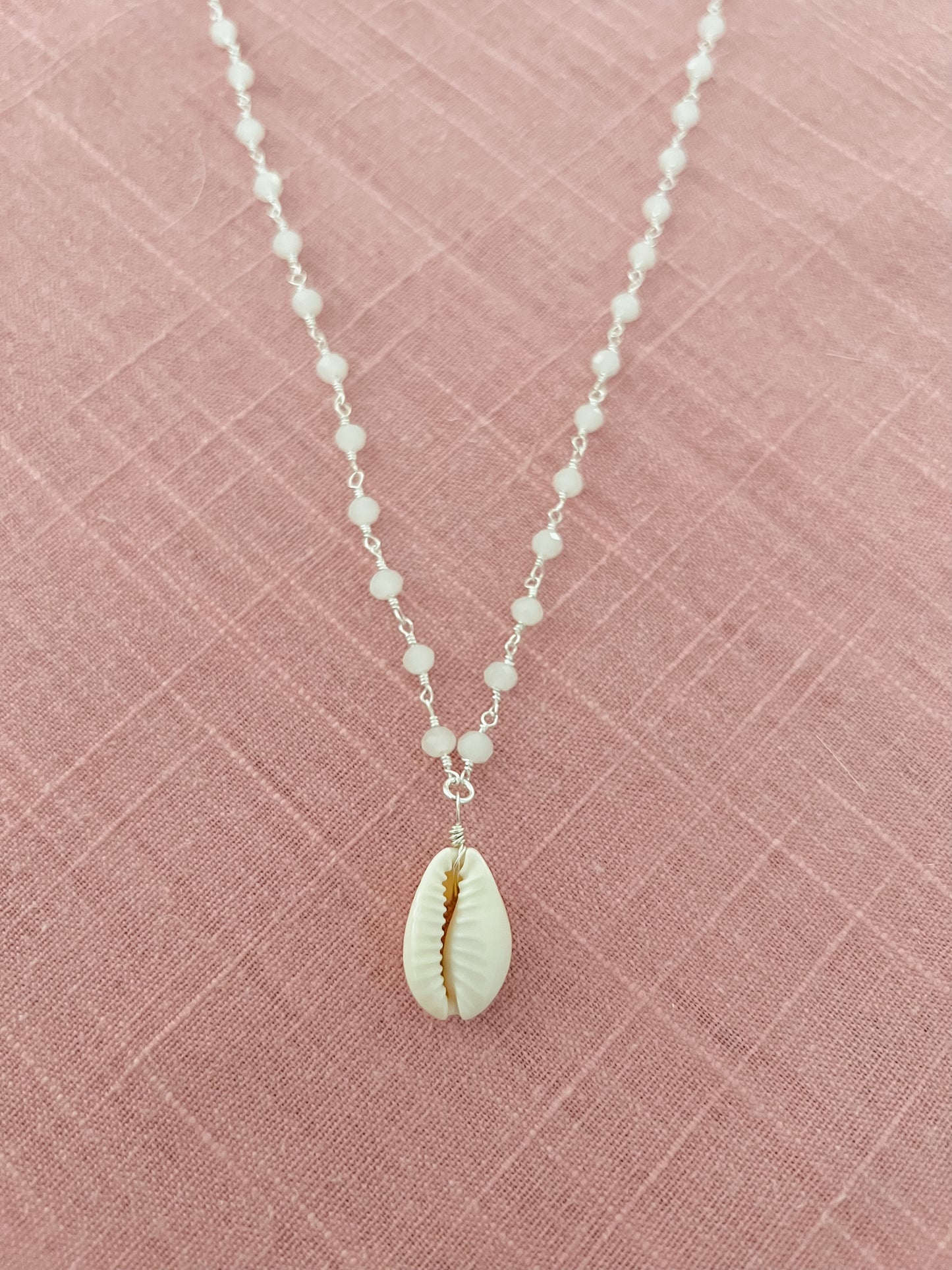 Vertical Cowrie Shell Necklace on Silver Beaded Chain