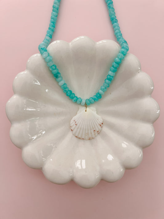 White Scallop Shell and Aqua Beaded Necklace