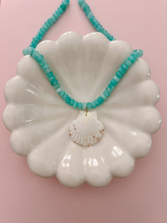 White Scallop Shell and Aqua Beaded Necklace