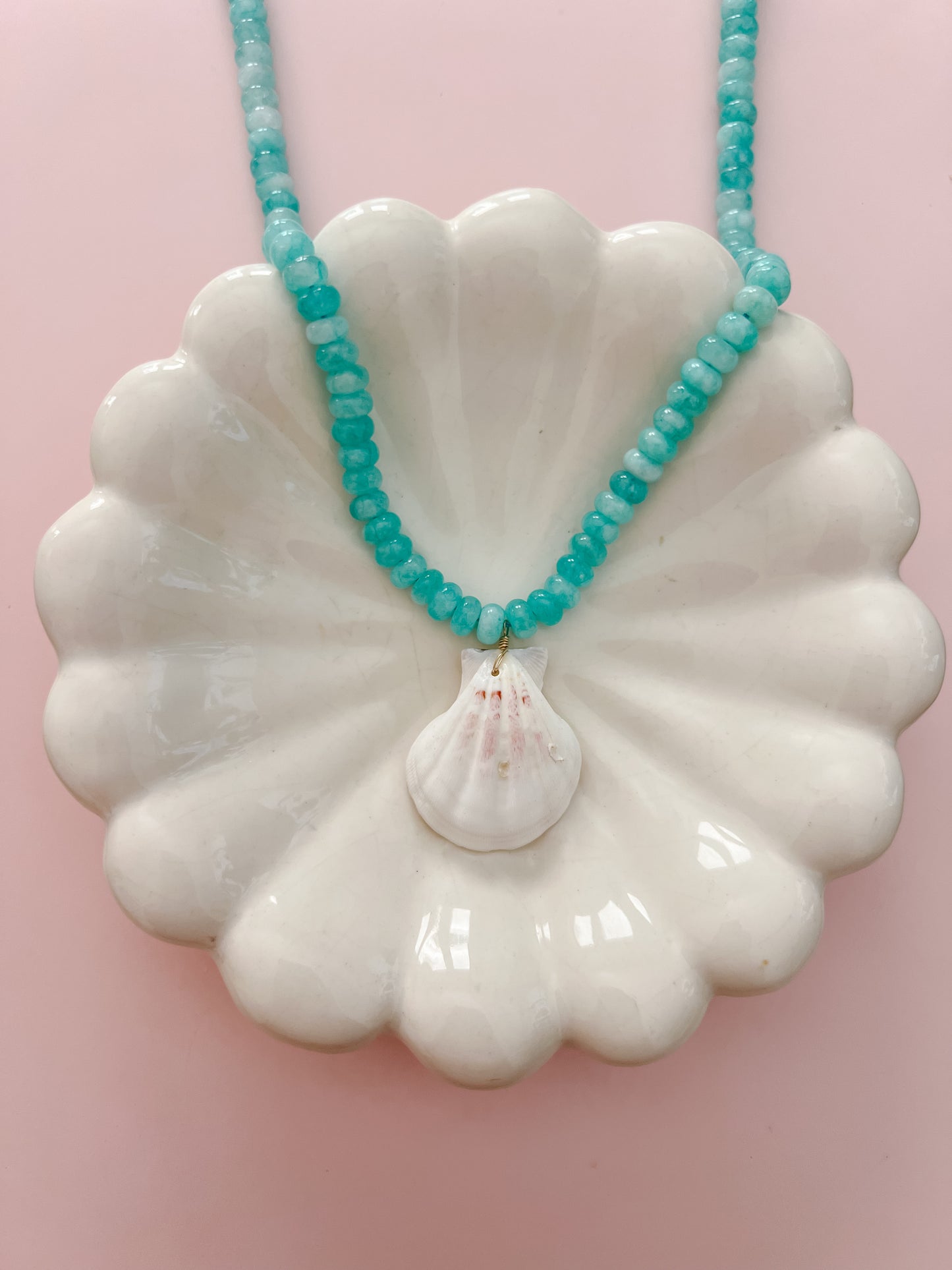 White Seashell Aqua Beaded Necklace