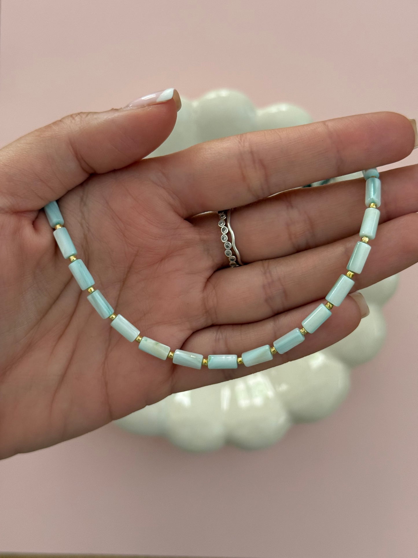 Light Blue Pearly Cylinder Necklace