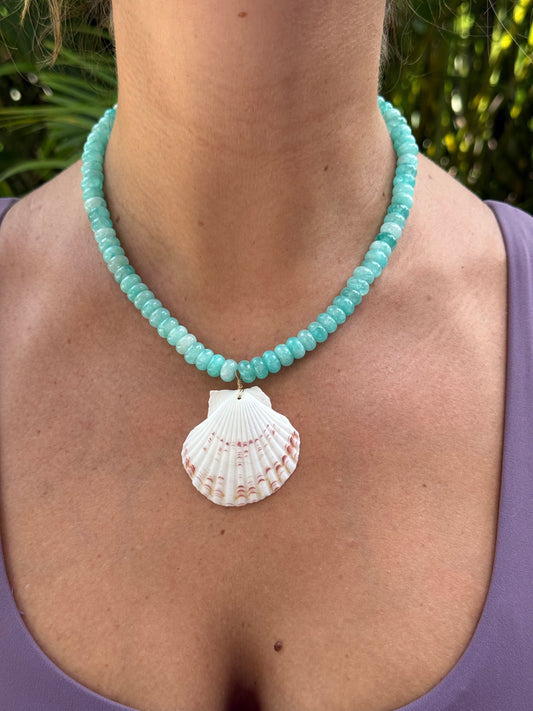 Aqua Jaded Beaded Scallop Shell Necklacd