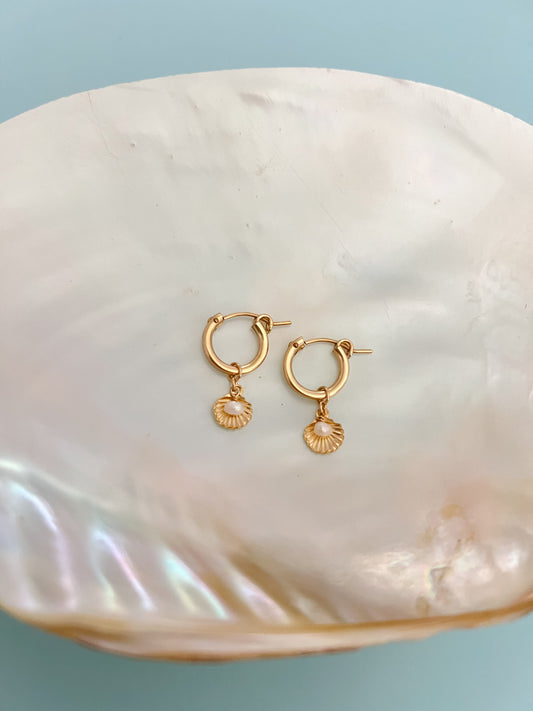 Shell & Pearl Gold Filled Huggie Hoop Earrings