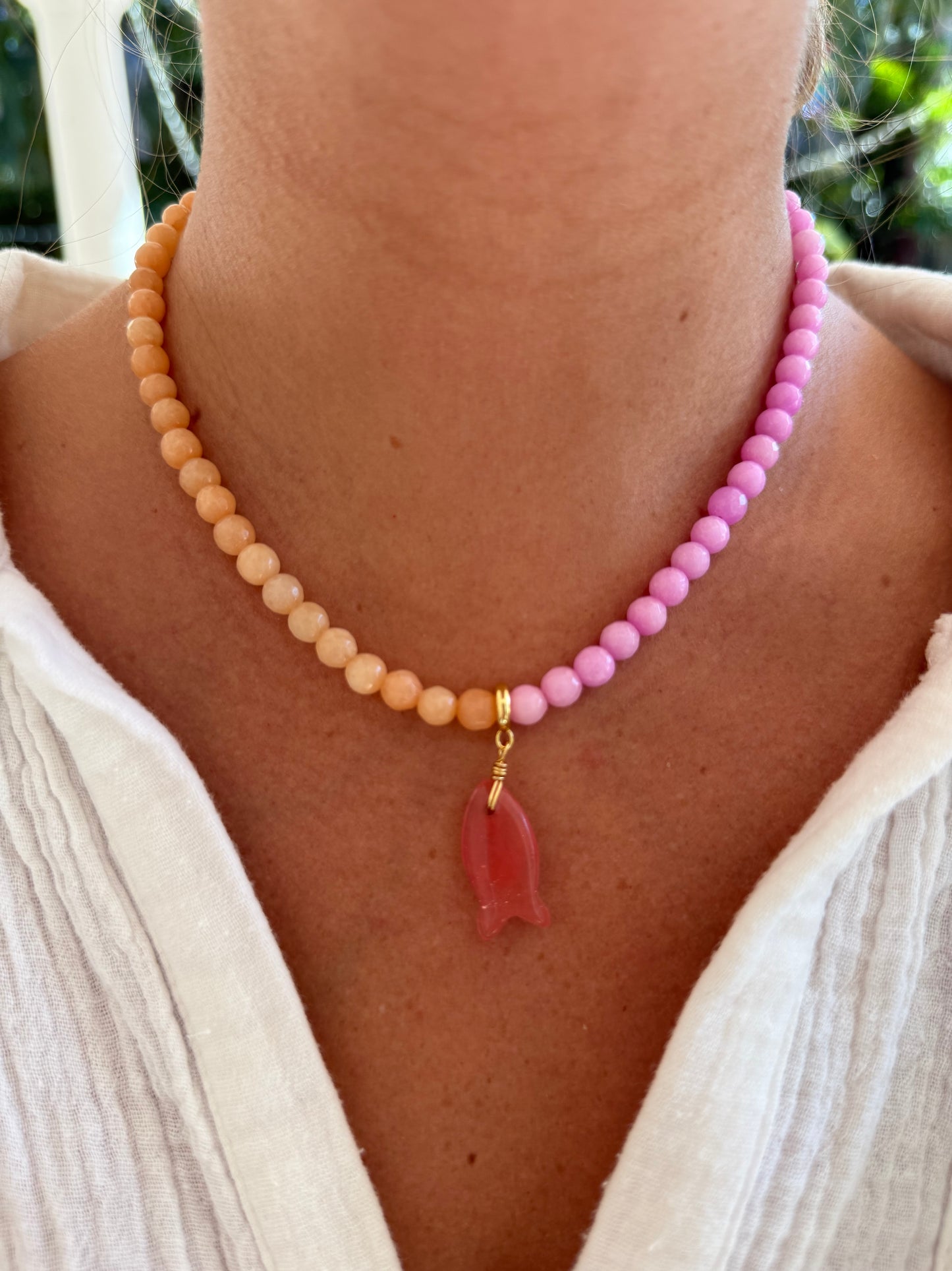 Pink & Orange Beaded Fish Necklace