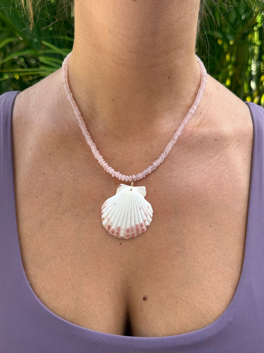 Rose Quartz Beaded Scallop Shell Necklace