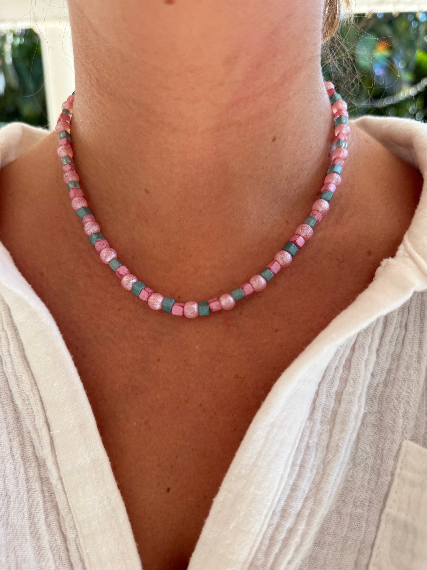 Pink & Teal Beaded Necklace