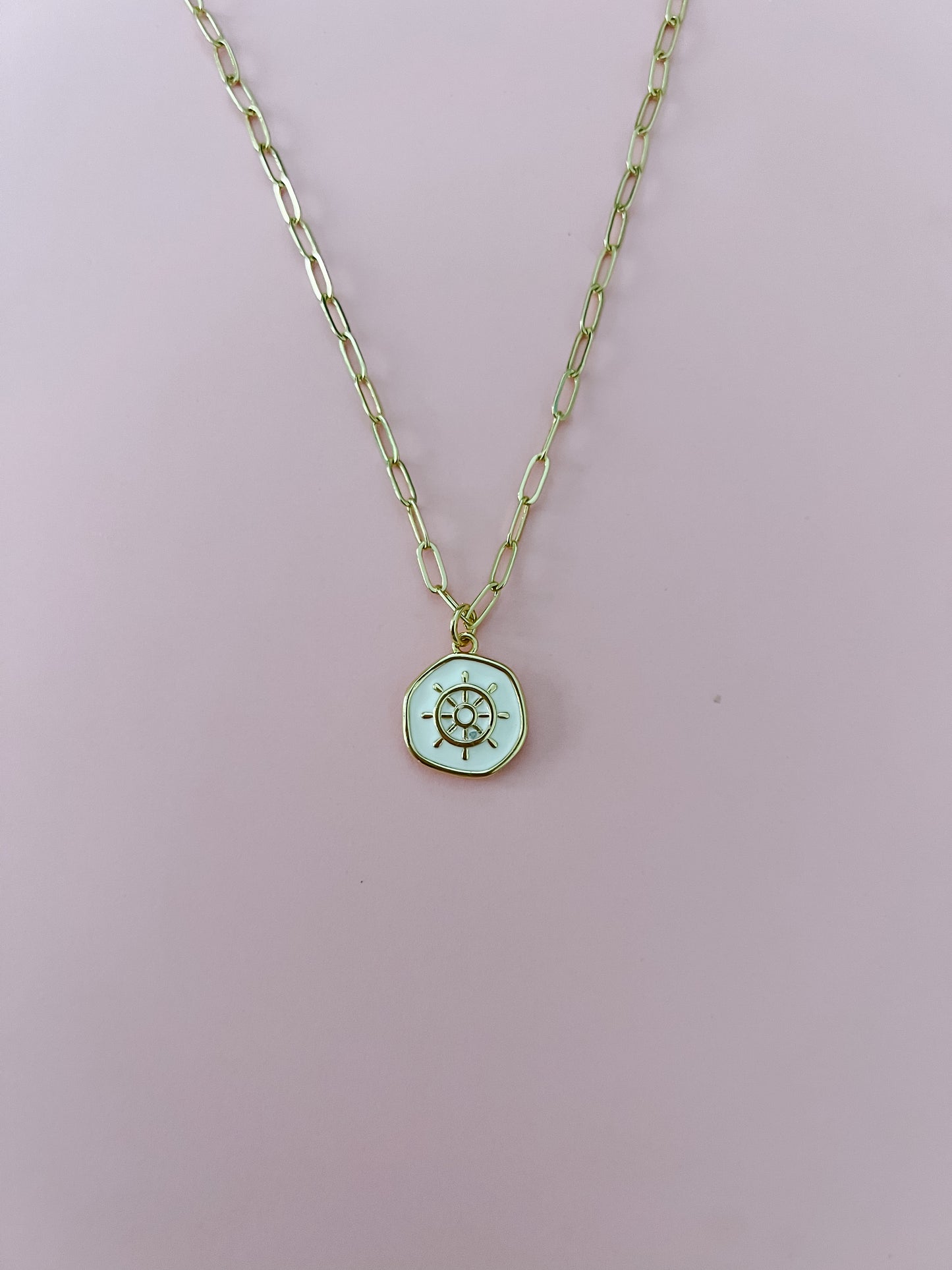 White Ship Wheel Necklace