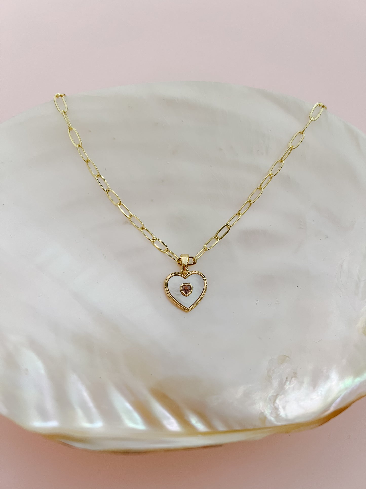 Mother of Pearl Heart with Pink Cz Necklace