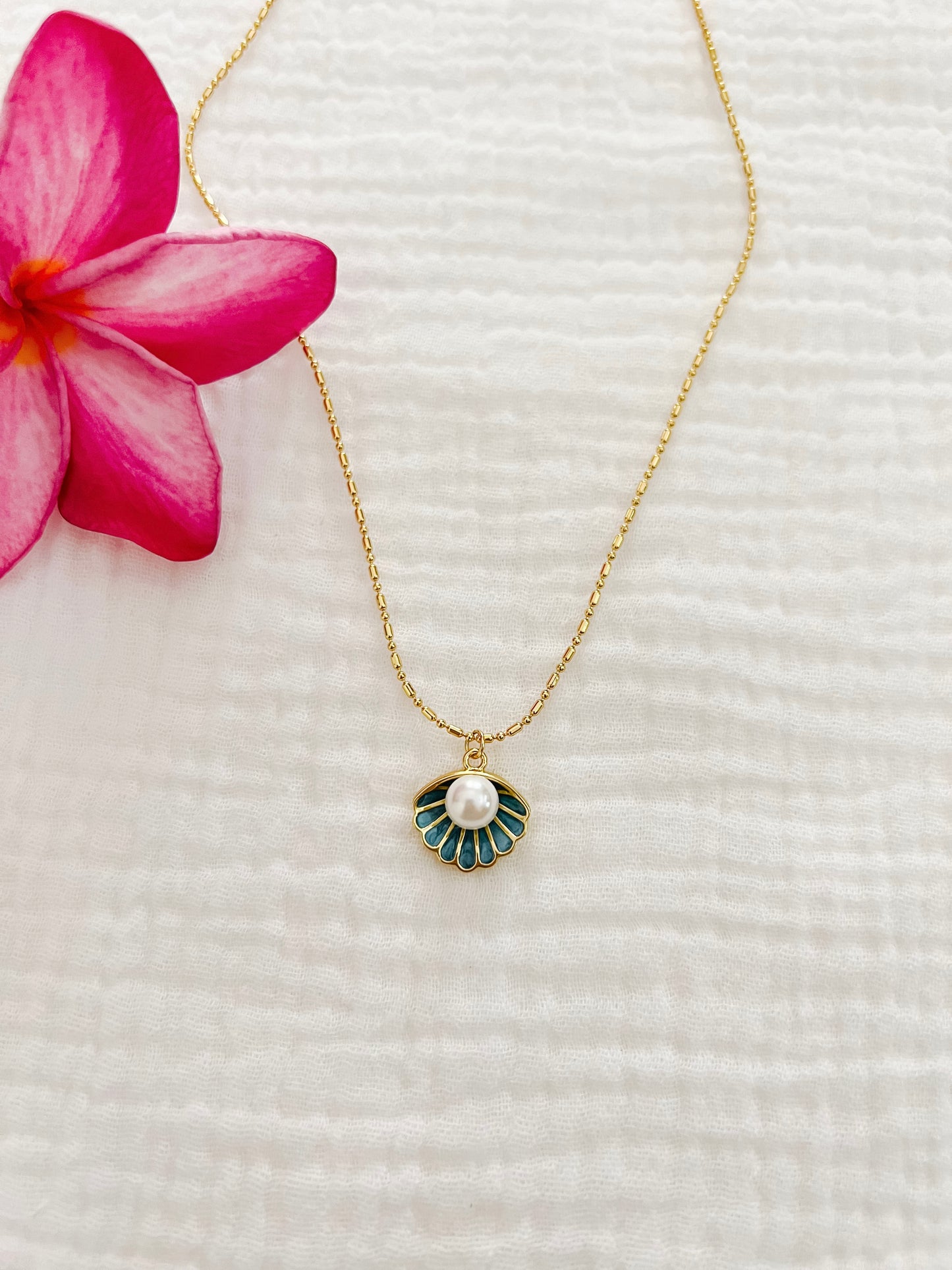 Teal Clam & Pearl Necklace