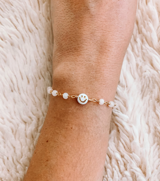 White Beaded Chain Smiley Face Bracelet