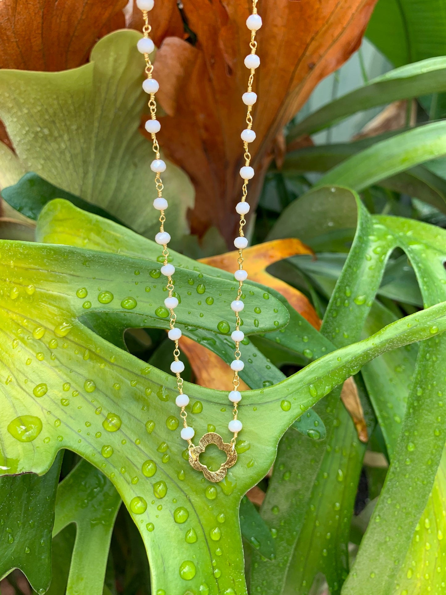 Gold Quatrefoil Necklace on Beaded Chain Phi Mu