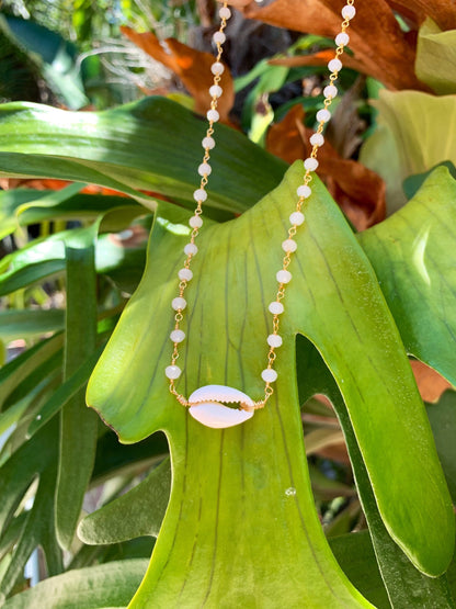 Horizontal Cowrie Shell Necklace on Beaded Chain