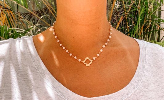 Gold Quatrefoil Necklace on Beaded Chain Phi Mu