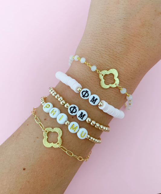 Phi Mu Quatrefoil or Letters Gold Bracelet