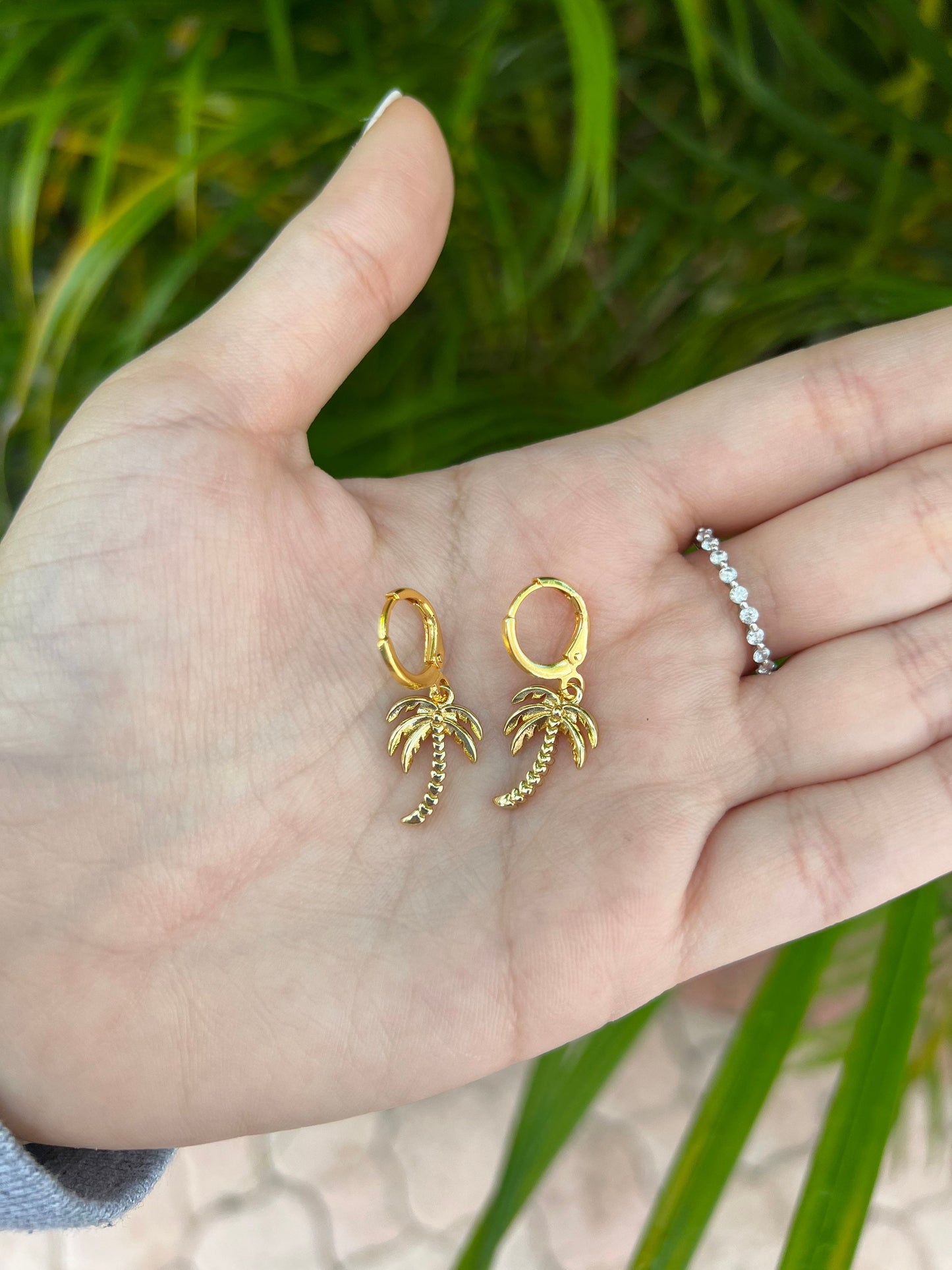 Gold Palm Tree Huggie Hoop Earrings