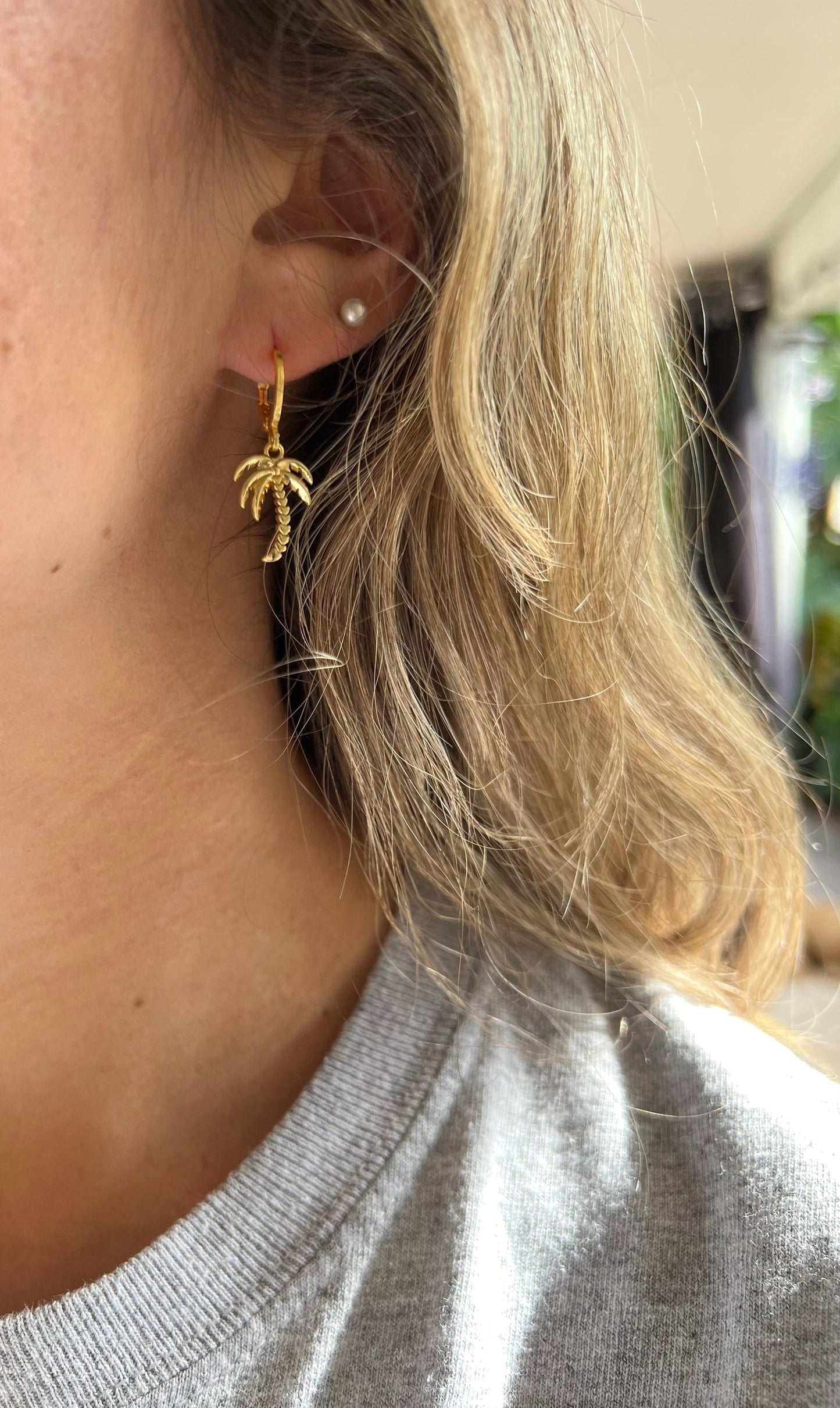 Gold Palm Tree Huggie Hoop Earrings