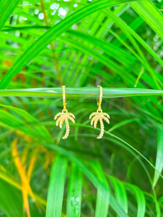 Gold Palm Tree Huggie Hoop Earrings