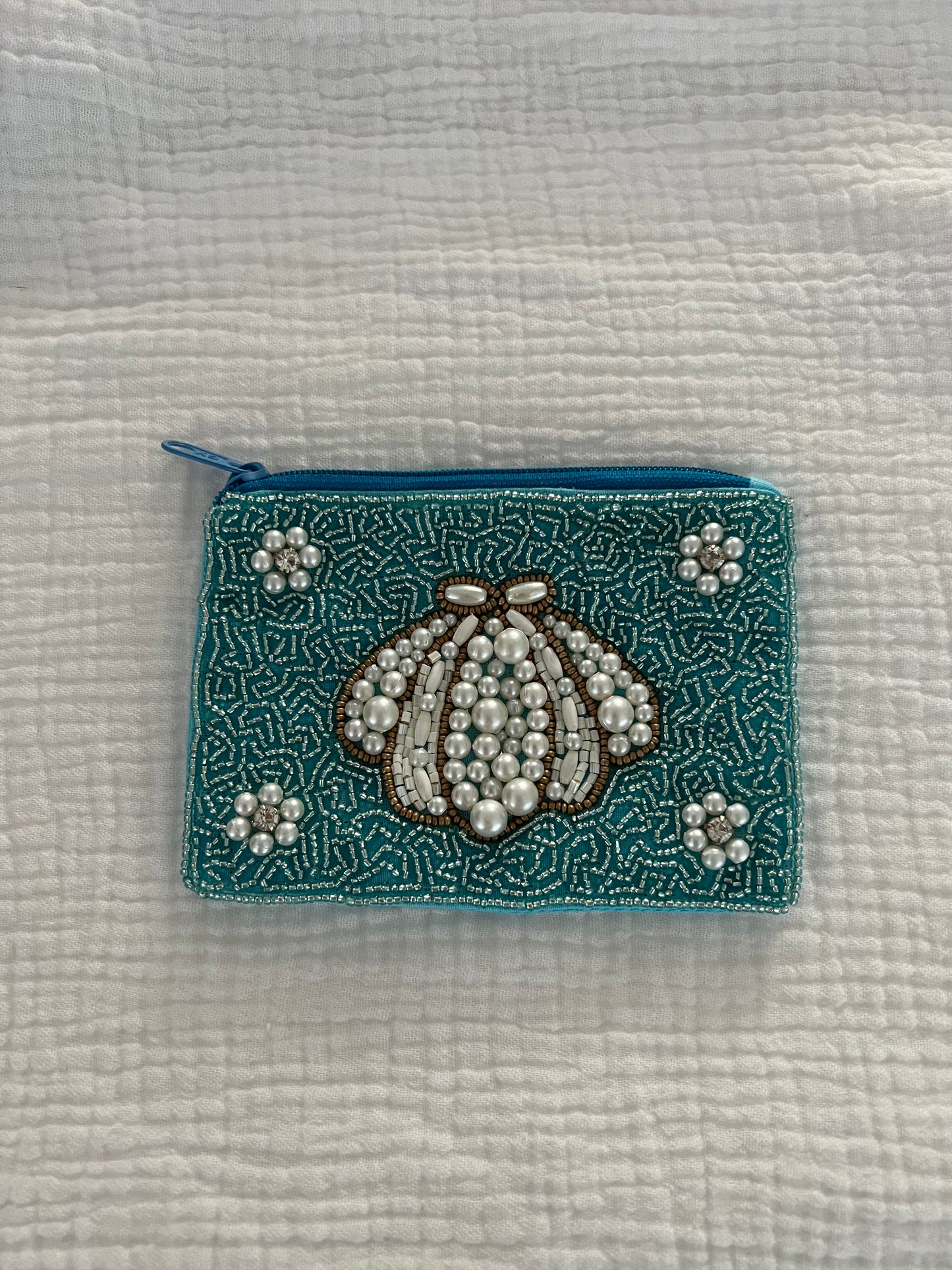 Small Blue Beaded Seashell Pouch