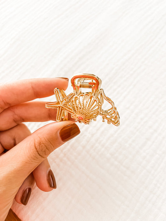 Mini Gold Seashell & Starfish Hair Clip