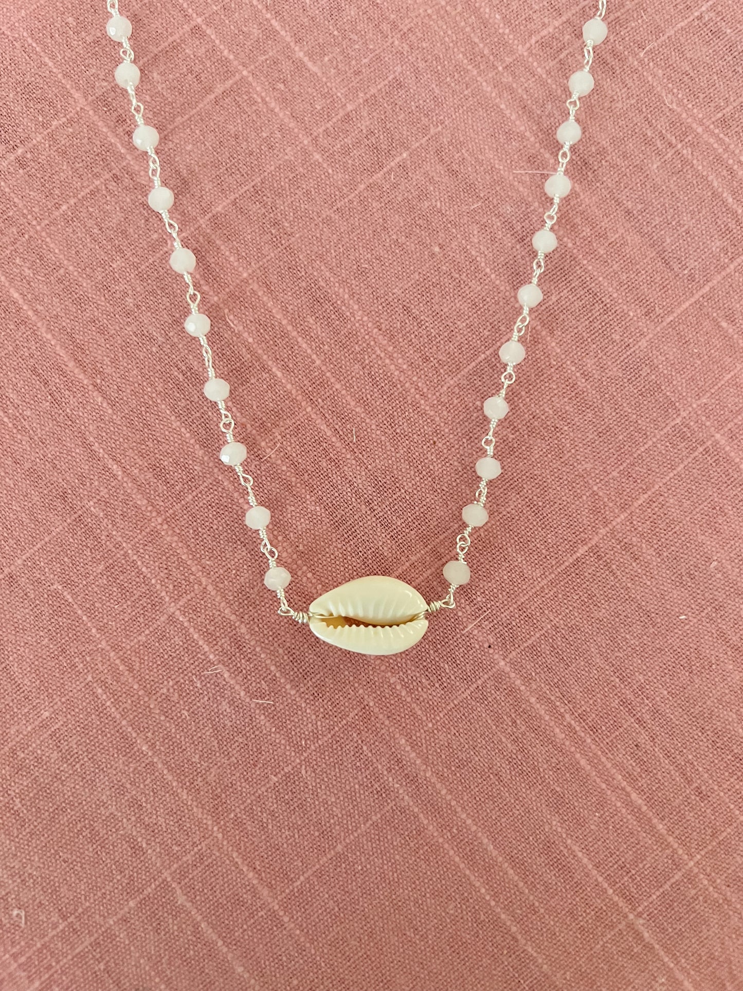 Horizontal Cowrie Shell Necklace on Silver Beaded Chain