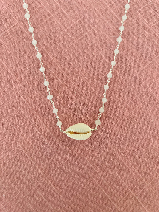 Horizontal Cowrie Shell Necklace on Silver Beaded Chain