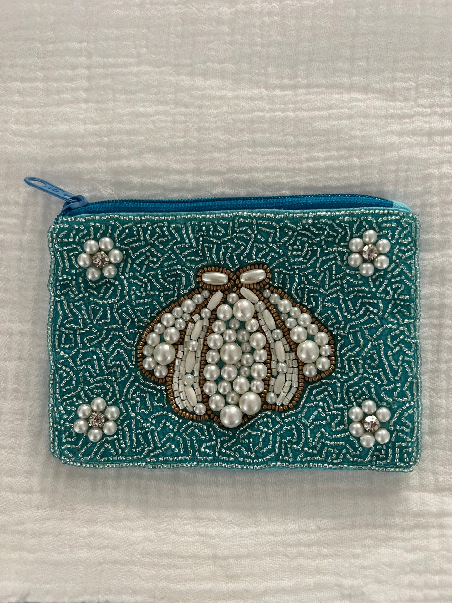 Small Blue Beaded Seashell Pouch