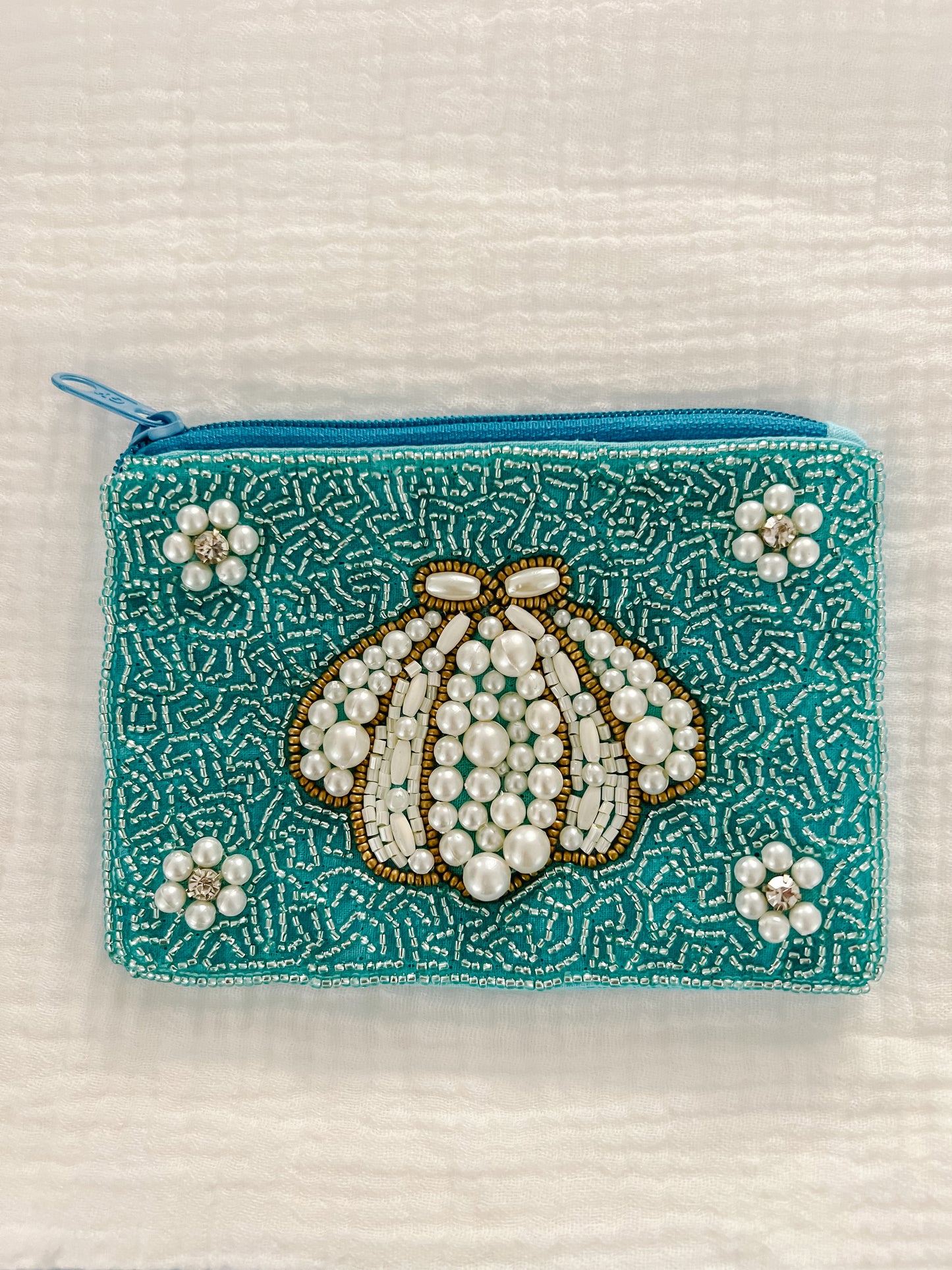 Small Blue Beaded Seashell Pouch